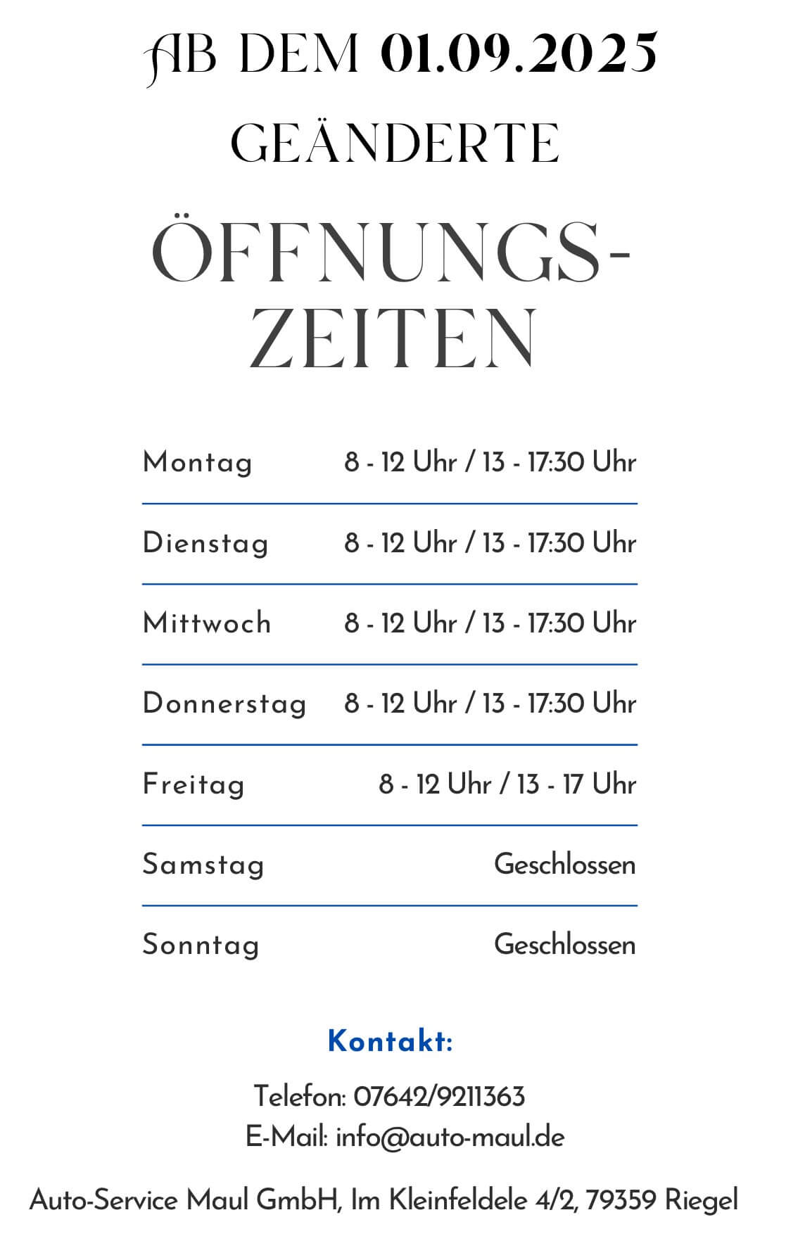 Geänderte Öffnungszeiten bei Auto-Service Maul Bild zu geänderte Öffnungszeiten bei Auto-Service Maul